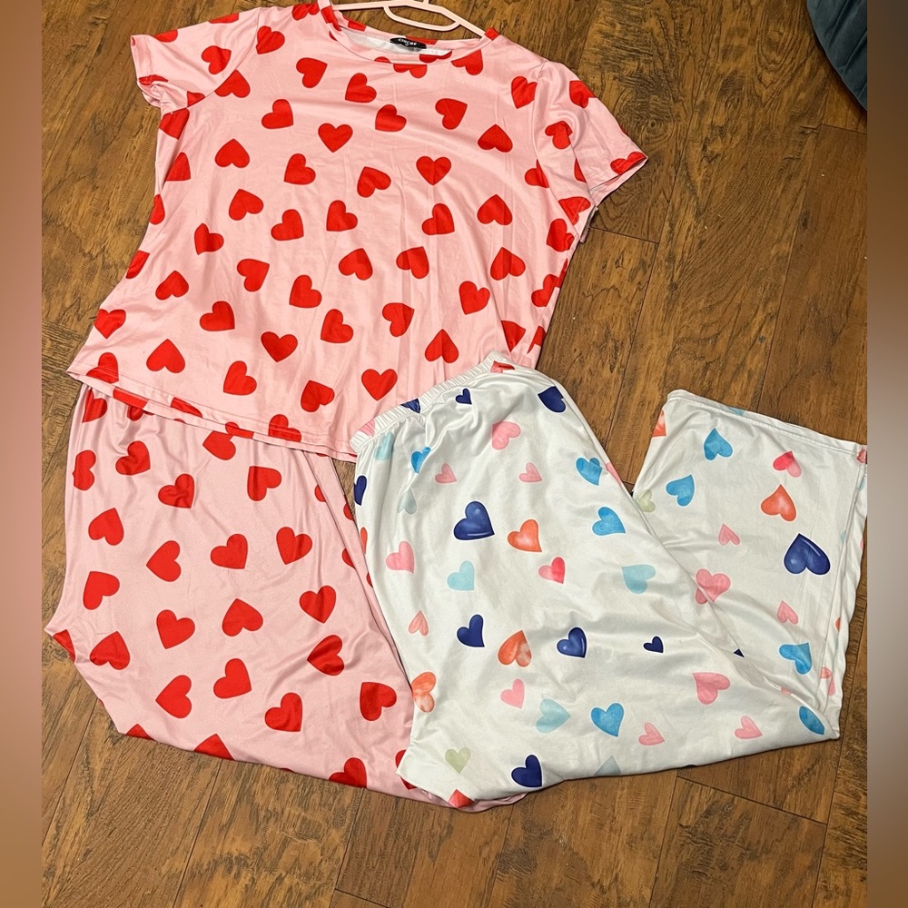 Wmns Pajamas Lounge Set Short Sleeve Long Elastic Waist Pants Hearts Pink/red 3x